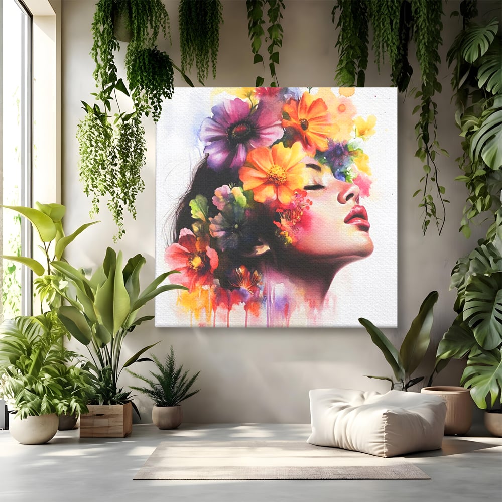 Tablou canvas cu pictura profil femeie cu flori, fara rama, pe sasiu de lemn